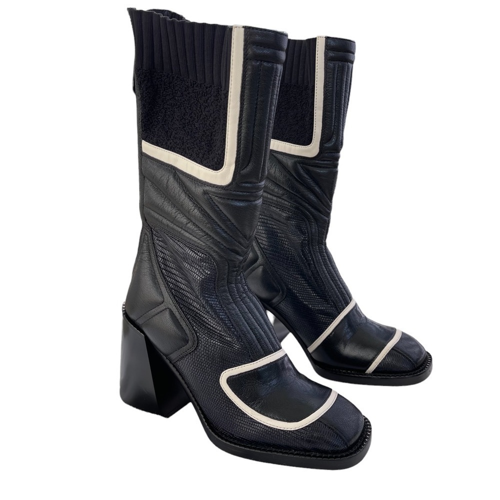 NWOT Chloé Bell Black Leather Mid Calf Boots White Trim Square Toe Sz 35